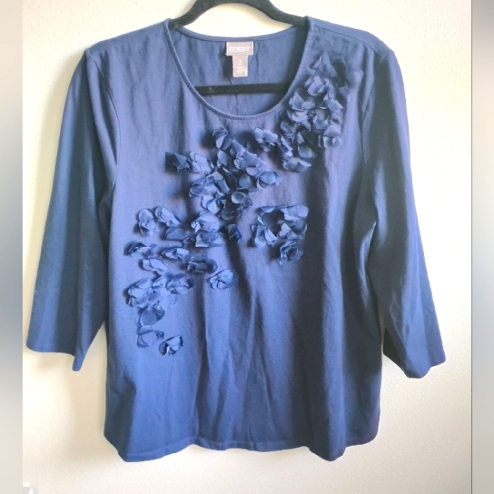 Chico's Women's Navy Blue Blouse with Floral Details Size:2 100% Cotton